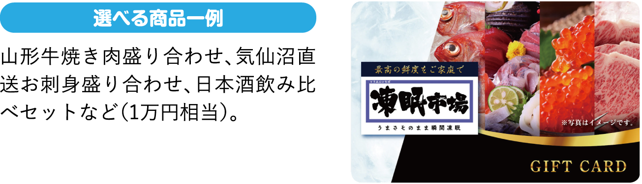 山形牛焼き肉盛り合わせ、気仙沼直送お刺身盛り合わせ、日本酒飲み比べセットなど（1万円相当）。
